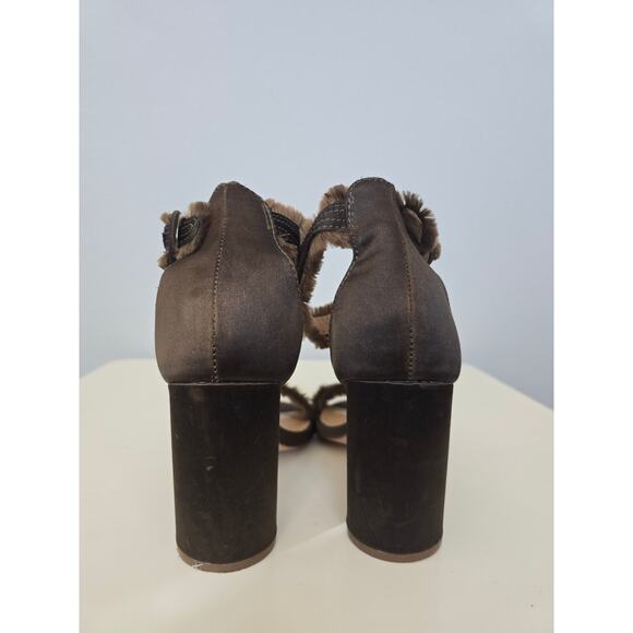 Express Brown Block Heel Sandals Size 9 Faux Fur Trim Ankle Strap Heels Fall - Picture 5 of 8